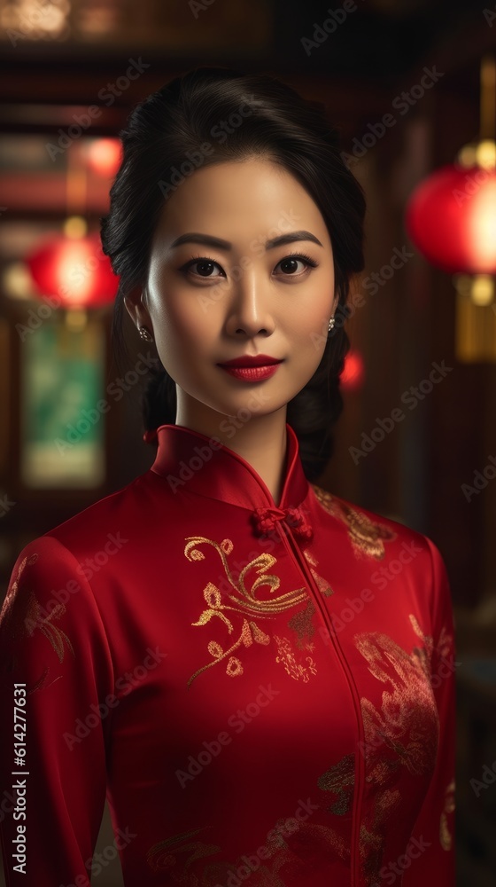 A beautiful Asian woman wearing a traditional Chinese dress in an ancient asian house A beautiful Asian woman wearing a traditional Chinese dress in an ancient asian house