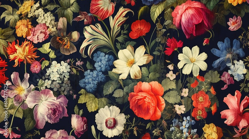 Generative AI. A charming vintage wallpaper featuring a delightful assortment of botanical flowers, adorned with a classic motif, perfect for creating floral print digital backgrounds