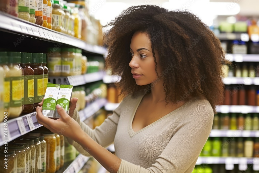 A close - up shot of a woman examining the labels of various products in a supermarket. Generative AI A close - up shot of a woman examining the labels of various products in a supermarket. Generative AI