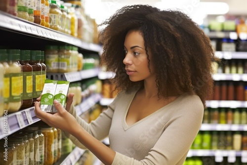 A close - up shot of a woman examining the labels of various products in a supermarket. Generative AI
