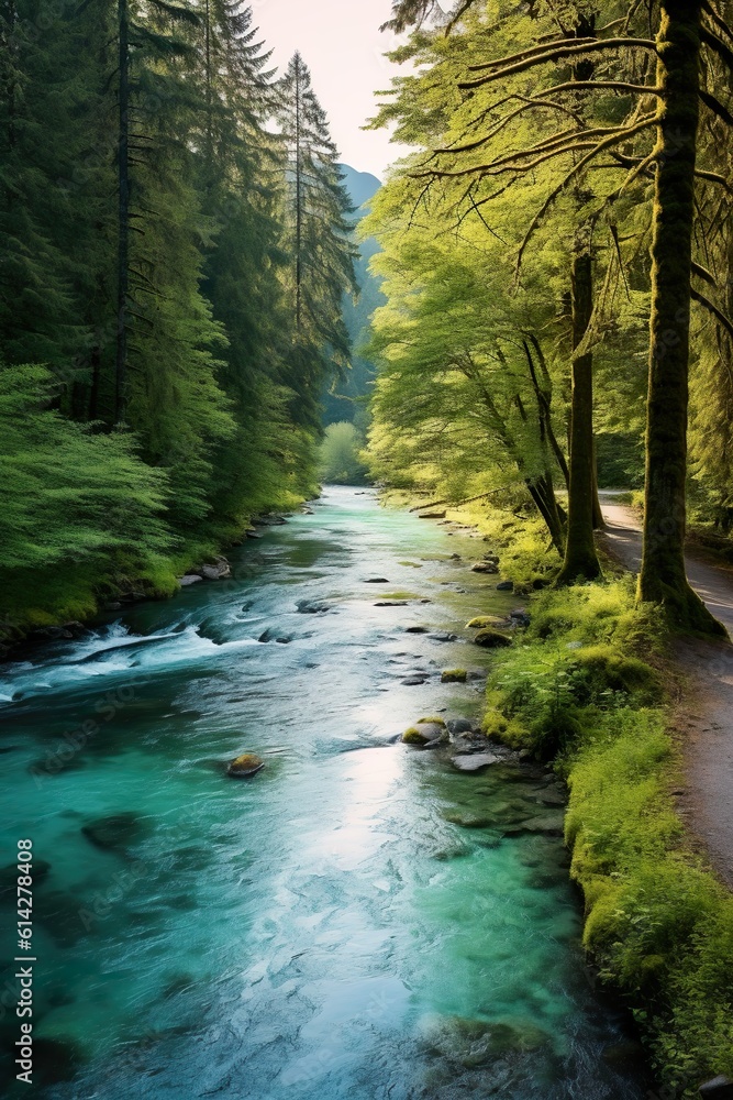 Obraz premium As the viewer's gaze follows the undulating contours of the landscape, a meandering river comes into view, its turquoise waters carving a graceful path through the valley. 