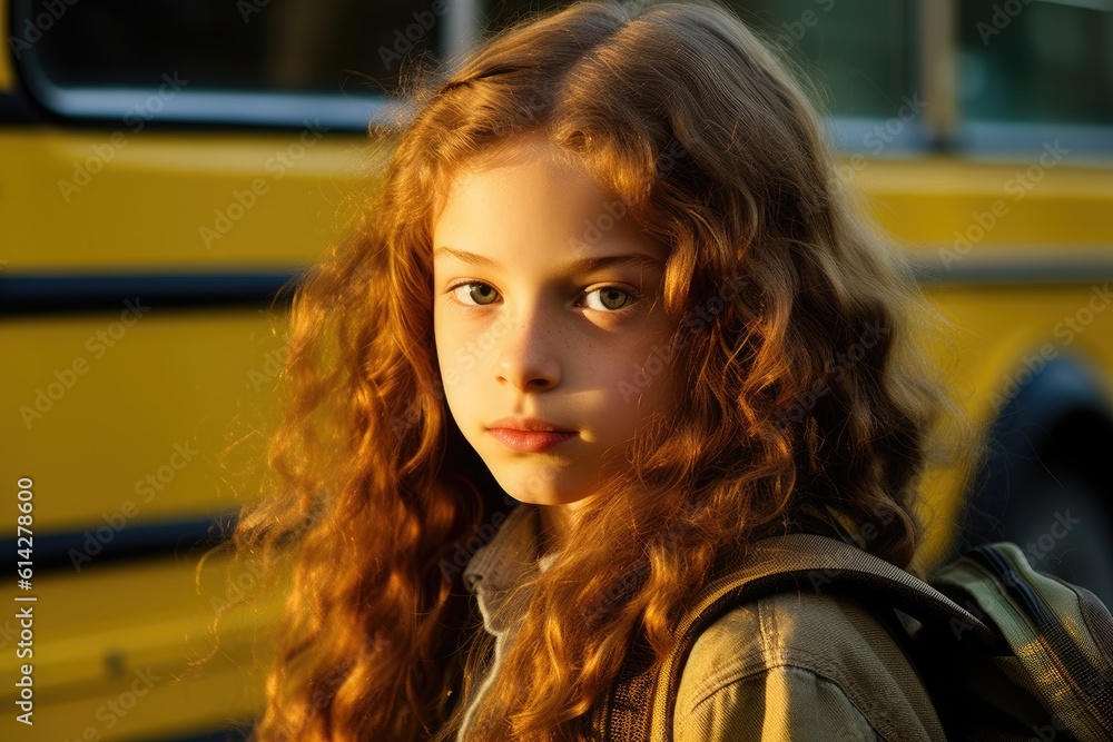 A young girl as she poses close - up with her school backpack waiting in front of a yellow school bus. Generative AI A young girl as she poses close - up with her school backpack waiting in front of a yellow school bus. Generative AI