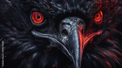 Closeup of the Head of a Raven with Black Eyes - Horror Story Concept - Generative AI