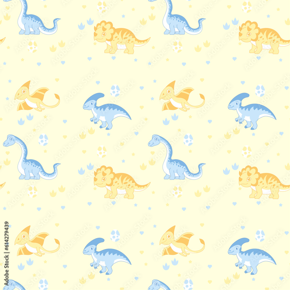 Seamless pattern with cute dinosaurs. Colorful dinosaurs vector background.
