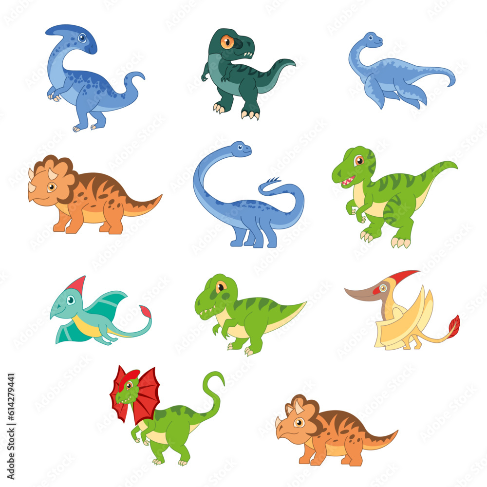 Dinosaur cartoon isolated vector set.
Dinosaur cartoon isolated vector set.