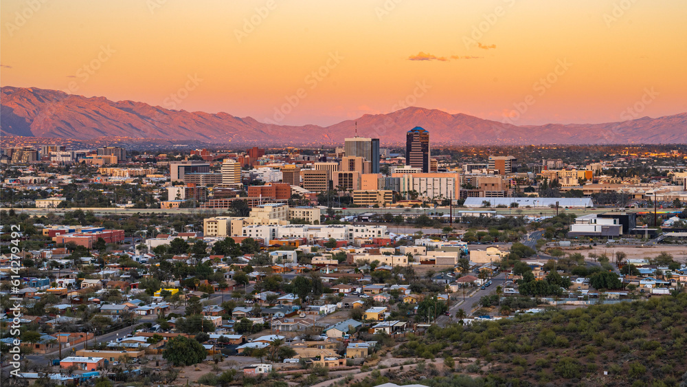 wide angle photograph of downtown Tucson, Arizona during sunset.