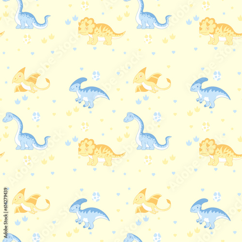 Seamless pattern with cute dinosaurs. Colorful dinosaurs vector background. 