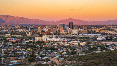 wide angle photograph of downtown Tucson, Arizona during sunset.