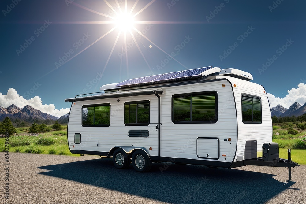 Eco-friendly mobile home. Green renewable energy. Solar panel fixed on tourist trailer. Off-road trailer stands in the parking lot on the background of thick green foliage. Copy space. Generative AI