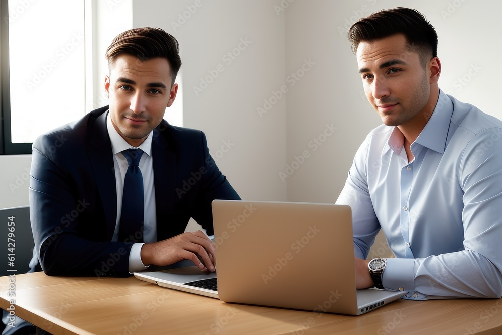 Two businessmen sitting at table, using digital tablet and laptop coworking at modern office, close up. Business colleagues working together, having a discussion on a project. Generative AI Two businessmen sitting at table, using digital tablet and laptop coworking at modern office, close up. Business colleagues working together, having a discussion on a project. Generative AI