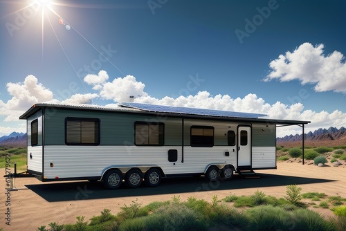 Solar panels on the roof of a travel trailer. Eco-friendly mobile home. Green renewable energy. Environmental protection. Tourism vacation and travel. National tourist route. Generative AI.