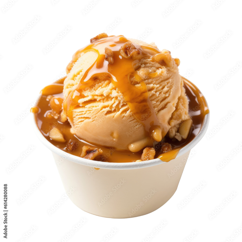 a dollop of caramel praline crunch ice cream isolated on a transparent background, generative ai