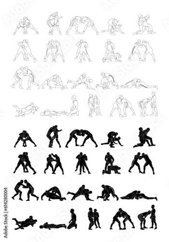 Set of wrestlers silhouettes. Image of greco roman wrestling, martial art, sportsmanship