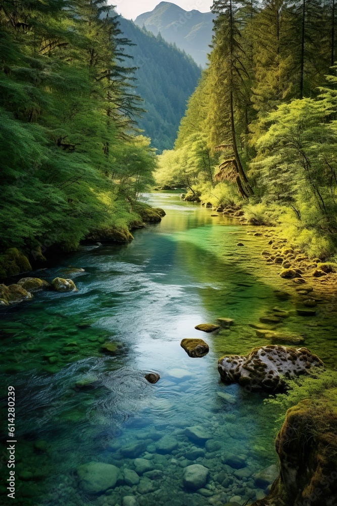 Obraz premium As the viewer's gaze follows the undulating contours of the landscape, a meandering river comes into view, its turquoise waters carving a graceful path through the valley. 