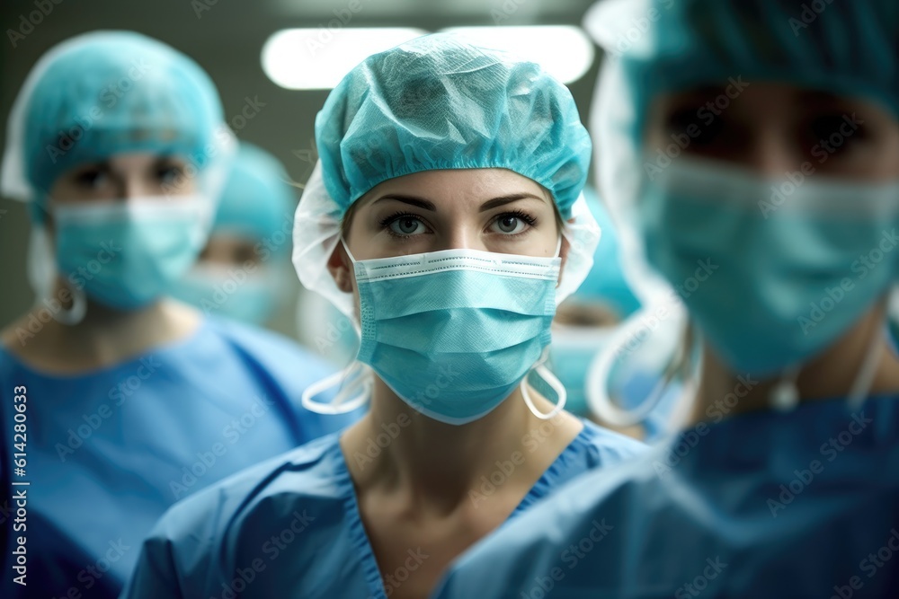 Masked faces reflecting the expertise of a female doctor and her team after a grueling surgery. Generative AI Masked faces reflecting the expertise of a female doctor and her team after a grueling surgery. Generative AI