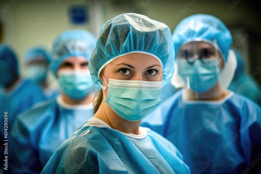 Masked faces reflecting the expertise of a female doctor and her team after a grueling surgery. Generative AI Masked faces reflecting the expertise of a female doctor and her team after a grueling surgery. Generative AI