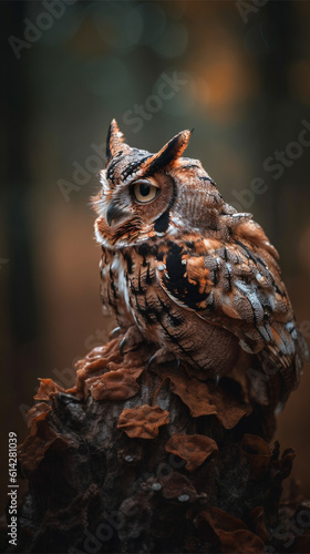 Wild horned owl in the forest during autumn (close-up) - Vertical