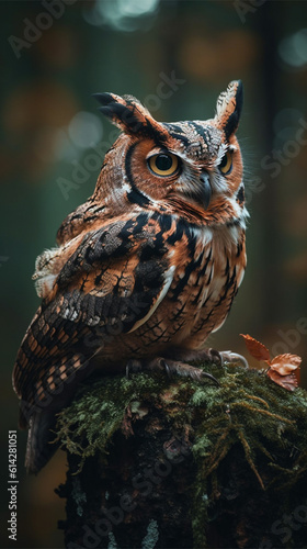 Wild horned owl in the forest during autumn (close-up) - Vertical