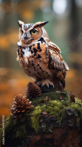 Wild horned owl in the forest during autumn (close-up) - Vertical