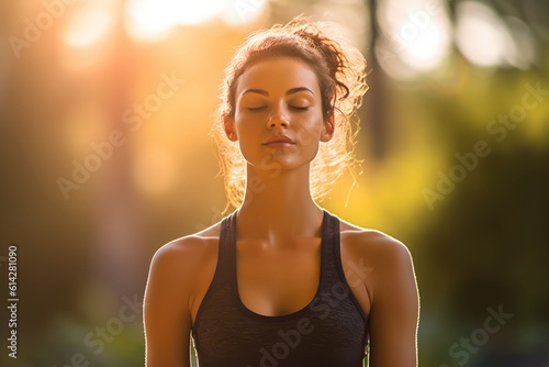 A close - up shot of a young woman practicing yoga in a peaceful outdoor setting. Generative AI