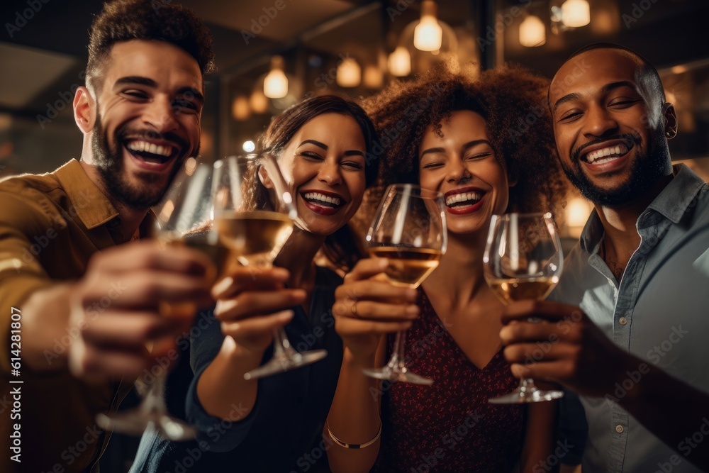 A group of friends as they toast and celebrate in a close - up shot. Generative AI A group of friends as they toast and celebrate in a close - up shot. Generative AI