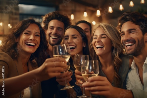 A group of friends as they toast and celebrate in a close - up shot. Generative AI