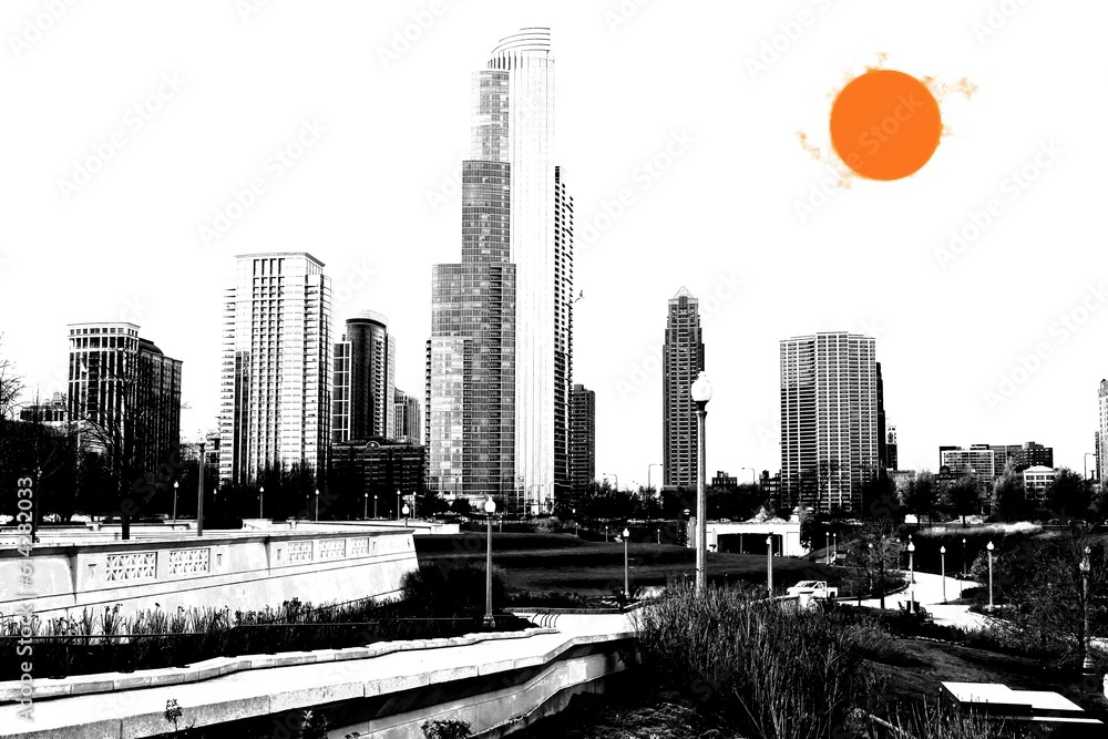 Fototapeta premium Chicago City Black and White Skylines with contrast Orange Sun.