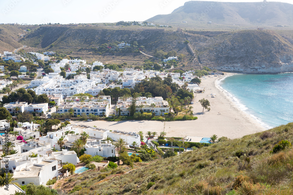 Beach and village of Agua Amarga, Cabo de Gata in the province of Almeria, Andalusia, Spain.