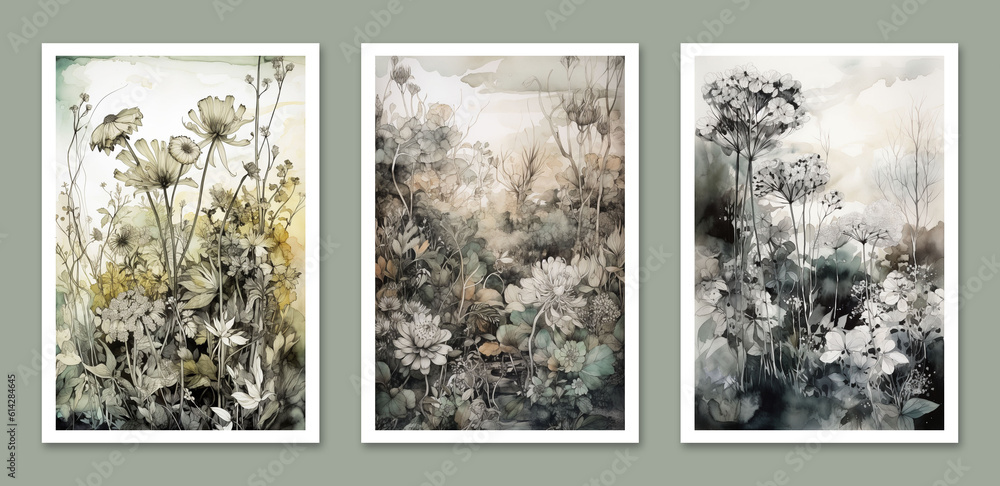 Watercolor floral backgrounds set. Modern loose watercolor. Generative AI.
