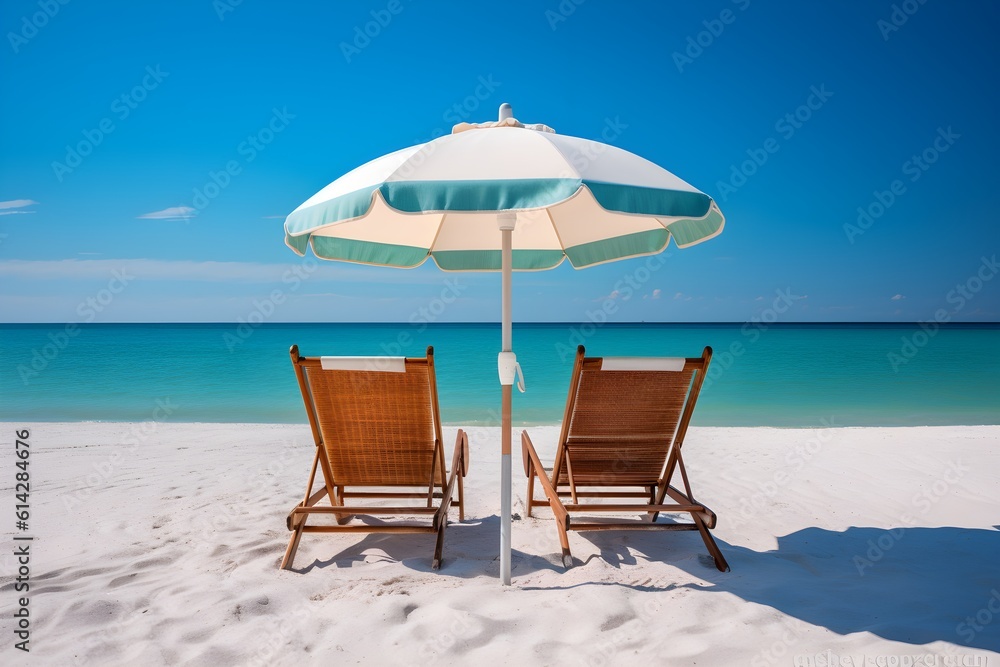 Beach chairs and an umbrella on a white sand beach. Generative AI