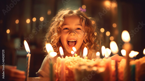 Concept birthday, party. Happy little girl making wish and going to blow candles on cake while celebrating Birthday. Created with Generative AI technology.