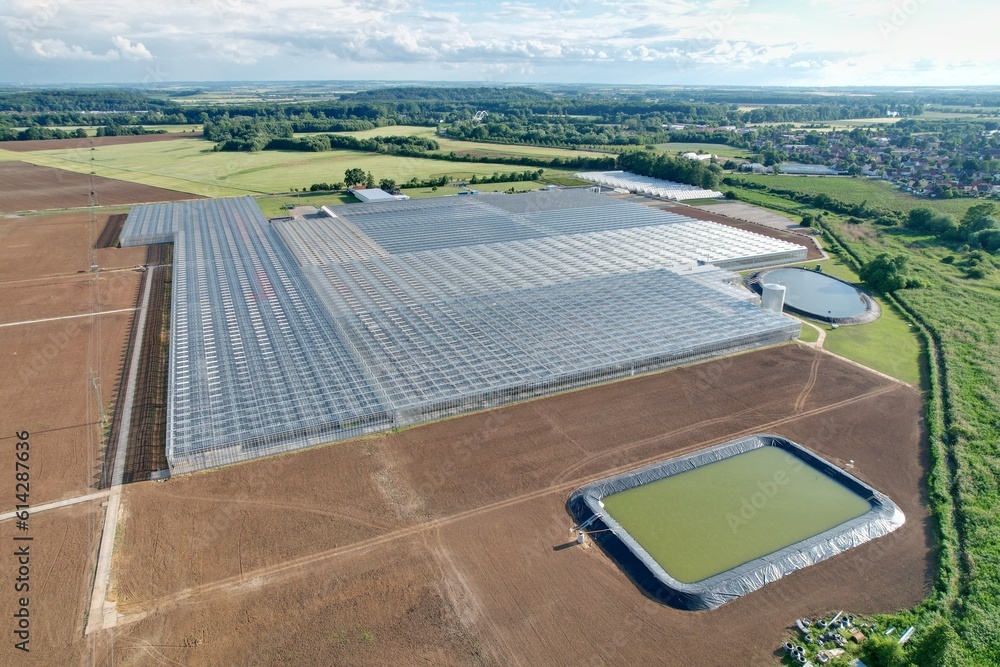 Glass greenhouses from above in sunny weather, big glass houses from aerial panorama landscape view,intensive modern agriculture in Europe