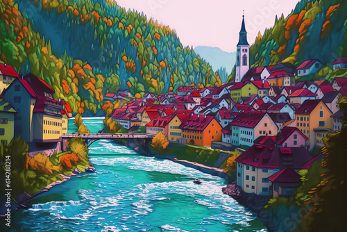 playful city art, European illustration colorful village ai gen
