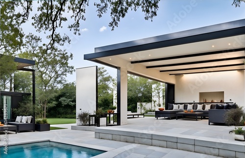 Photo of a modern house with a beautiful pool and outdoor seating in the backyard © Usman