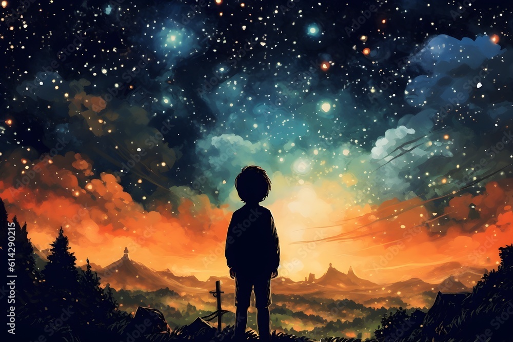 Illustration of a boy looking at the night starry sky. Generative AI