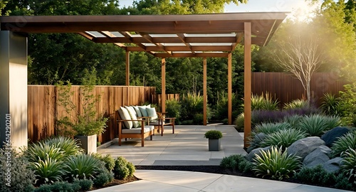 Leinwand Poster Photo of a modern outdoor patio with wooden pergola and comfortable seating