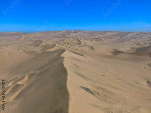 Aerial drone panorama of huacachina desert in Peru close to Ica