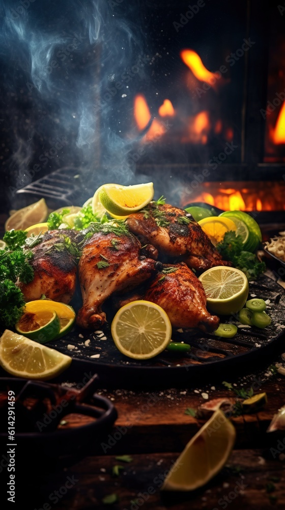 Shot of a Well Roasted Chicken with Lemon near it as a Decor. Studio Photography, Professional Color Grading, Commercial Shot. Generative AI.