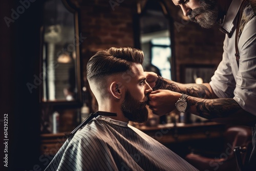A close - up shot of a skilled male barber carefully trimming a man's hair in a luxurious barbershop. Generative AI