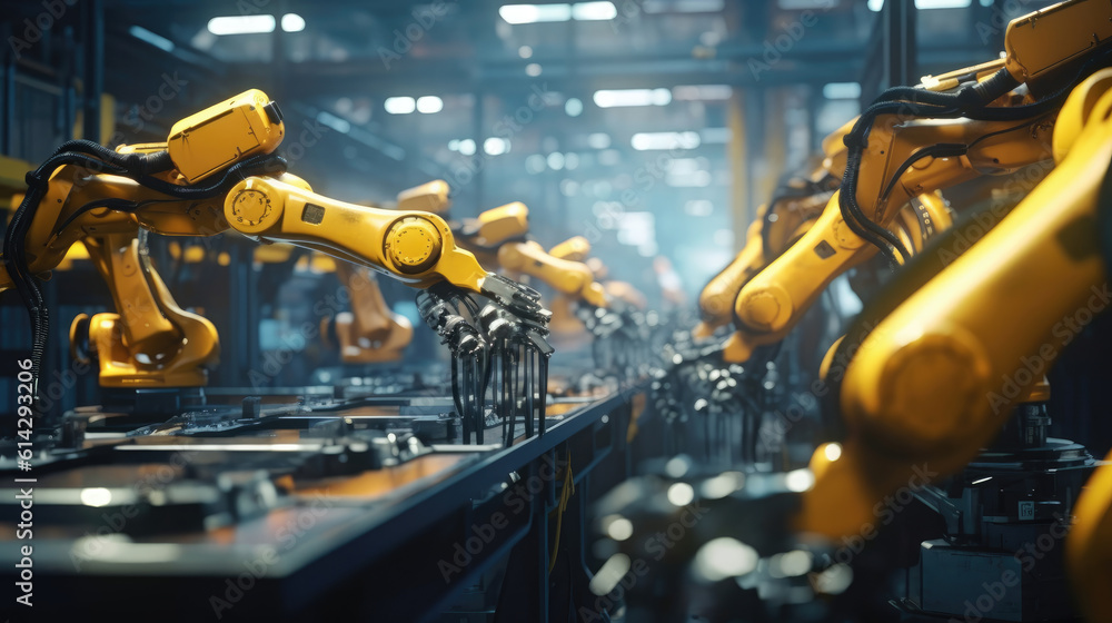 Robotic arms working at the futuristic factory Robotic arms working at the futuristic factory