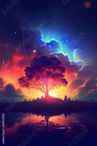 Abstract vertical illustration with trees and nature in neon colors. Ai generated.
