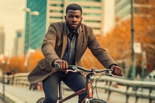 Black man commutes to work by bicycle, even wearing a suit. Ai generate
