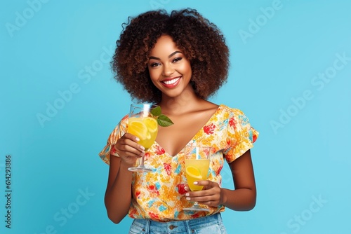 Black woman holds a refreshing juice, on color background. Ai generated.