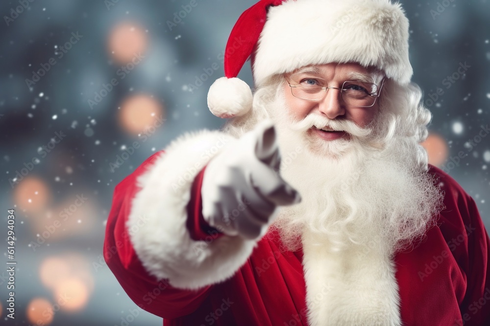 Santa Claus with a long white beard points his finger and smiles, copy space for advertising. AI generated. Santa Claus with a long white beard points his finger and smiles, copy space for advertising. AI generated.