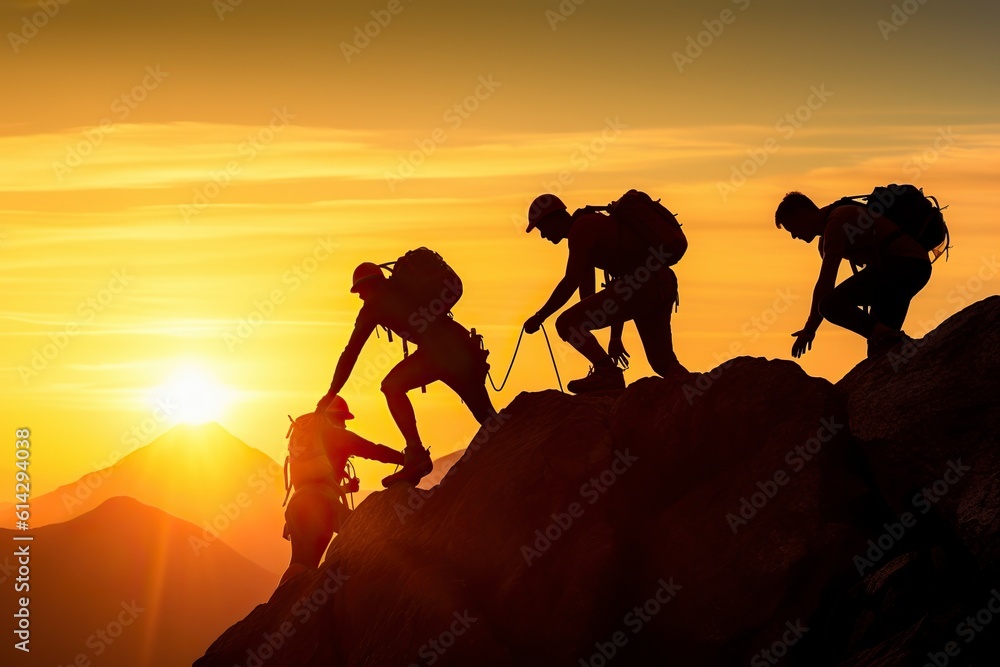 Obraz premium Silhouette of a group of climbers reaching the top, teamwork. Ai generated.