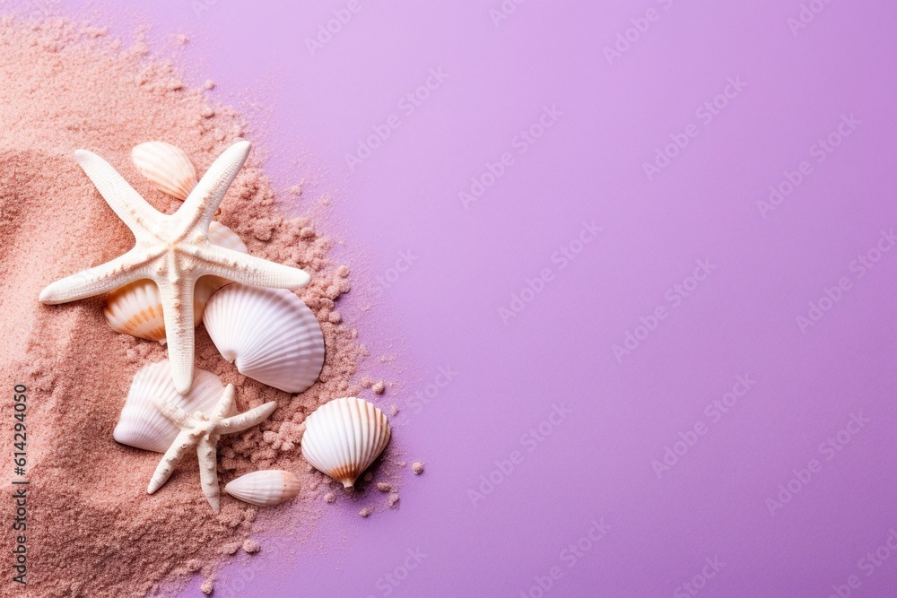 Shells and starfish on a little pile of sand, on a summery background with copy space. Ai generated. Shells and starfish on a little pile of sand, on a summery background with copy space. Ai generated.