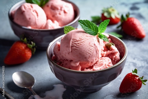 Scoops of ice cream in a bowl, refreshing strawberries. Ai generated. photo
