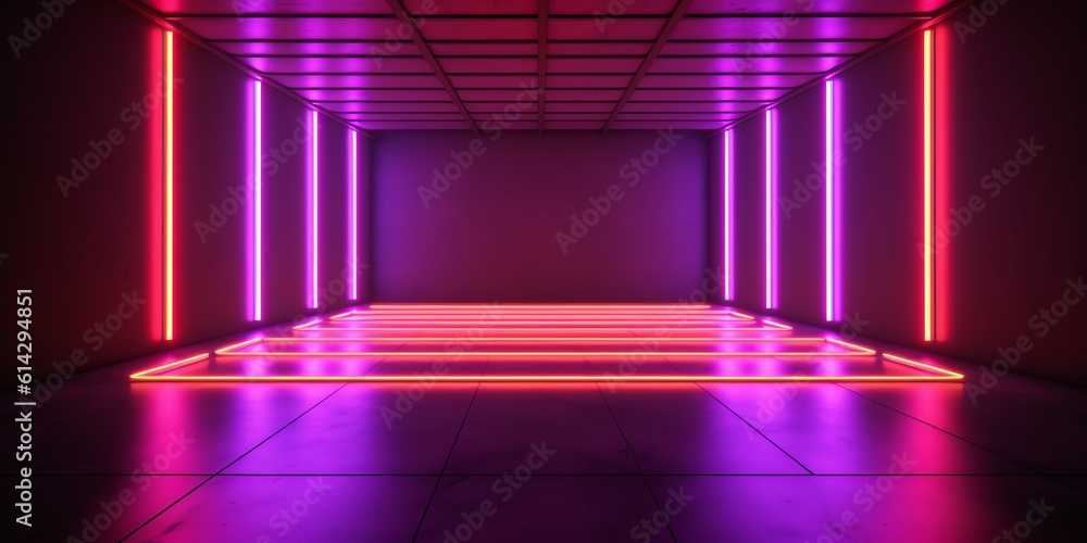 3d render. wallpaper and Illustration background Geometric figure in neon light against a dark tunnel. Laser glow 