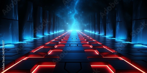 3d render. wallpaper and Illustration background Geometric figure in neon light against a dark tunnel. Laser glow  © Game Background