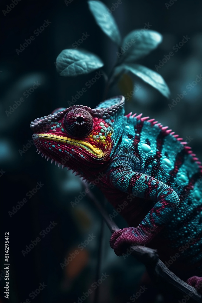 Chameleon in the colors cyan magenta yellow and black, Generative AI